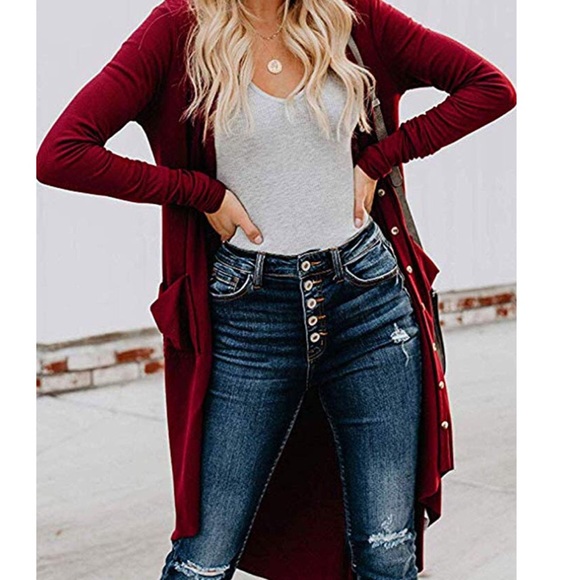 Wine Red High-low Button Down Cardigan - Picture 2 of 3